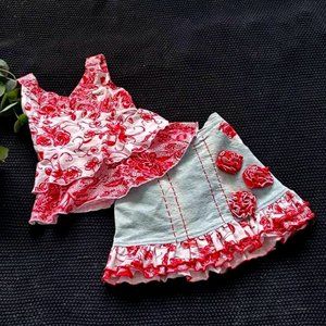 Baby Gassy Gooma Denim Skirt Peplum Tank Set Embellished Roses Ruffles